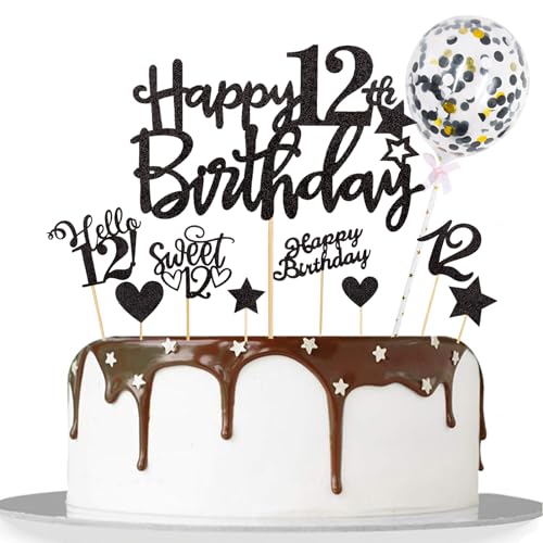 Catelves Tortendeko 12 Geburtstag Junge Mädchen,10 Stk Glitzer Kuchendeko Geburtstag 12 Jahre Mädchen,Happy 12th Birthday Cake Topper Schwarz,Sweet 12 Torten Deko Geburtstagsdeko 12 Jahre Junge von Catelves