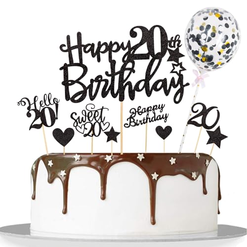Catelves Tortendeko 20. Geburtstag Mann Frau,10 Stk Glitzer Cake Topper 20 Geburtstag Deko Schwarz,Happy 20th Birthday Kuchendeko,Sweet 20 Torten Deko,Stern Hello 20 Cupcake Topper 19 Jahre Mann von Catelves