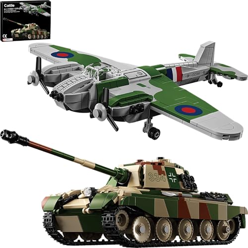 Cattle De Havilland Mosquito and The King Tiger Heavy Tank Building Block Toy Set, 1379 Piece Bausteine, Bauklötze Gift for Airplane Toys for Kids from 6 Years and Adults von Cattle