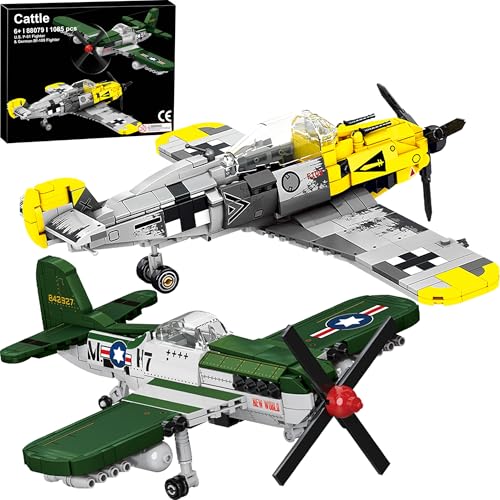 Cattle WW2 Die Messerschmitt Bf-109 and US P-51 Mustang Kampfflugzeug Bausteinset, 1085 Teile Baustein Spielzeug Set, Geschenk für Flugzeugspielzeug für Kinder ab 6 Jahren und Erwachsene von Cattle