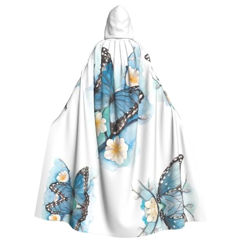 Umhang mit blauem Schmetterling auf Blüten, Blumendruck, Halloween-Kapuzenumhang, Halloween, Weihnachten, Cosplay-Kostüm von Cattpa