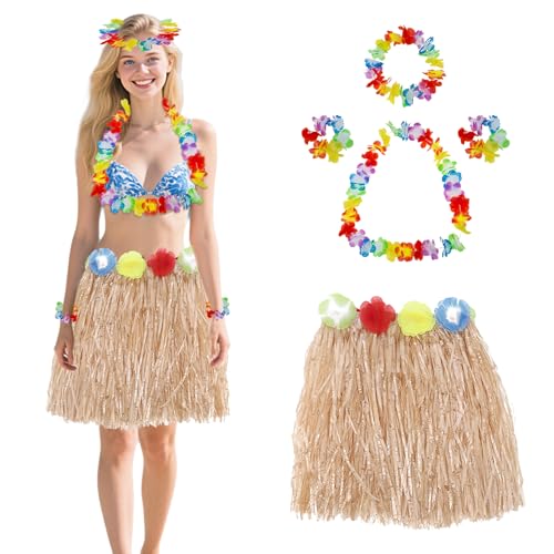 5-teiliges hawaiianisches Grasrock-Kostüm-Set, modisch, hawaiianischer Hula-Rock, Kostüm-Set, 40 cm, Grasrock, Girlanden, Armband, Halskette, Strandparty, Outfits für Damen und Herren 5-teiliges hawaiianisches Grasrock-Kostüm-Set, modisch, hawaiianischer Hula-Rock, Kostüm-Set, 40 cm, Grasrock, Girlanden, Armband, Halskette, Strandparty, Outfits für Damen und Herren von CavspkArt