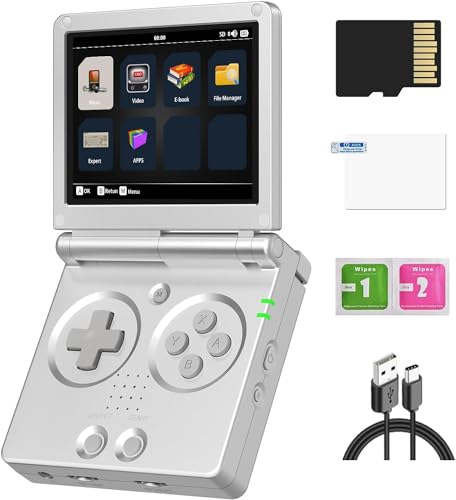 RG35XXSP Handheld-Spielkonsole, 3,5-Zoll-IPS Faltbildschirm Linux-System 3300-mAh-Akku Retro Videospielkonsole mit 64G-TF-Karte und 5532 Spielen (RG35XXSP, Silber, 64G) von Cawevon