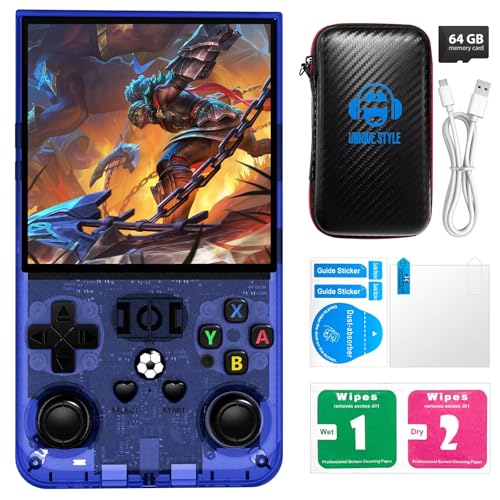 R36MAX Handheld-Spielekonsole, 4,0-Zoll-IPS-Bildschirm Linux-System 4000 mAh wiederaufladbare tragbare Taschen-Arcade mit 128GB TF-Karte, eingebaute 20000 + Spiele (blau, 128) von Cawevon