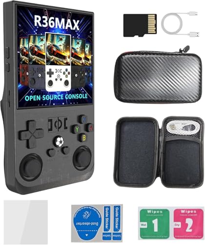 R36MAX Handheld Spielkonsole, 4,0-Zoll-IPS-Bildschirm, Linux-System, 4000 mAh wiederaufladbare tragbare Pocket Arcade Retro Videospiel Player mit 64 GB TF-Karte, über 18000 integrierte Spiele von Cawevon
