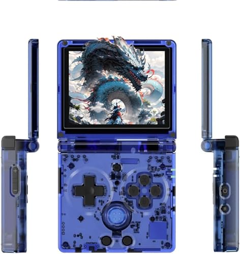 RG35XXSP Handheld-Spielkonsole, 3,5-Zoll-IPS Faltbildschirm Linux-System 3300-mAh-Akku Retro Videospielkonsole mit 128G-TF-Karte und 5532 Spielen (RG35XXSP, Transparent Blau, 64+128G) von Cawevon