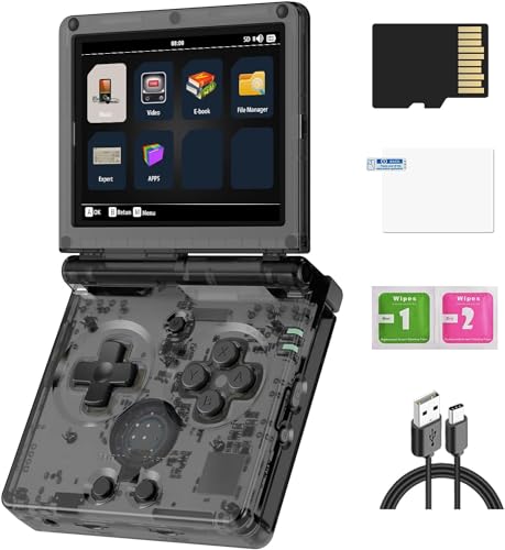 RG35XXSP Handheld-Spielkonsole, 3,5-Zoll-IPS Faltbildschirm Linux-System 3300-mAh-Akku Retro Videospielkonsole mit 64G-TF-Karte und 5532 Spielen (RG35XXSP, Transparent Schwarz, 64G) von Cawevon