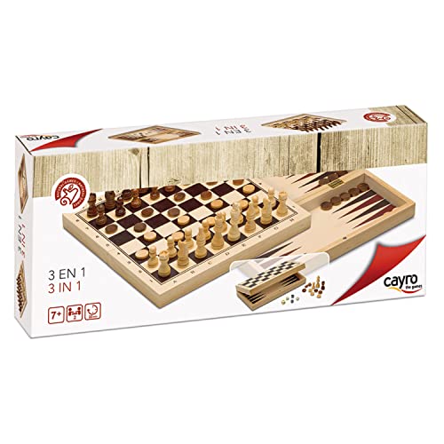 Cayro – Schach, Dame und Backgammon – ab 7 Jahren – Holz – Dreifaches Lernbrettspiel für Kinder und Erwachsene – Klappbrett zur Aufbewahrung der Chips von Cayro