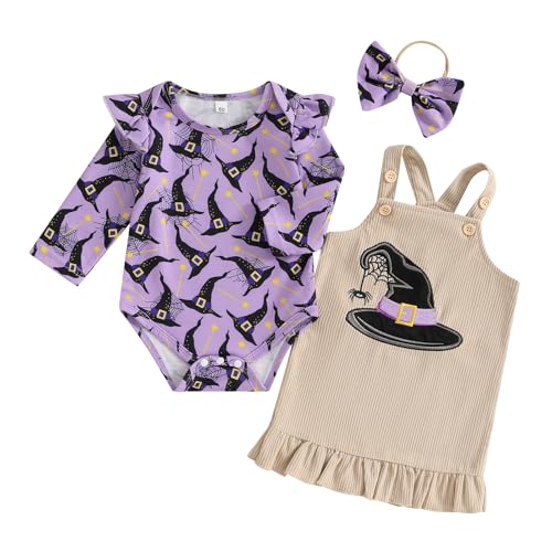 Caziffer Halloween-Kostüm für Babys, Mädchen, Halloween, 3-teiliges Set, Strampler + Rock + Stirnband für Babys, 0-24 Monate, Violett/Khaki, 3-6 Monate von Caziffer