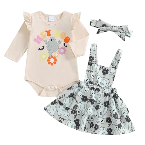 Caziffer Halloween-Kostüm für Babys, Mädchen, Halloween, 3-teiliges Set, Strampler + Rock + Stirnband für Babys, 0-24 Monate (Aprikosenschwarz, 0-3 Monate) von Caziffer
