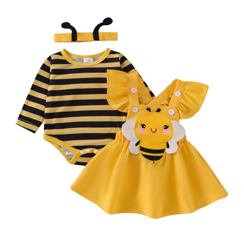 Caziffer Halloween-Kostüm für Babys, Mädchen, Halloween, 3-teiliges Set, Strampler + Rock + Stirnband für Babys, 0-24 Monate (Gelb, 6-9 Monate) von Caziffer