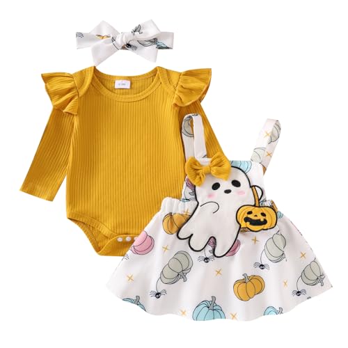Caziffer Halloween-Kostüm für Babys, Mädchen, Halloween, 3-teiliges Set, Strampler + Rock + Stirnband für Babys, 0-24 Monate (Gelb Weiß, 3-6 Monate) von Caziffer