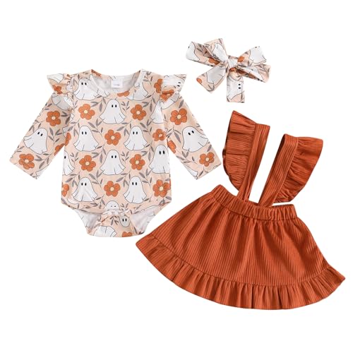 Caziffer Halloween-Kostüm für Babys, Mädchen, Halloween, 3-teiliges Set, Strampler + Rock + Stirnband für Babys, 0-24 Monate (Orange E, 18-24 Monate) von Caziffer