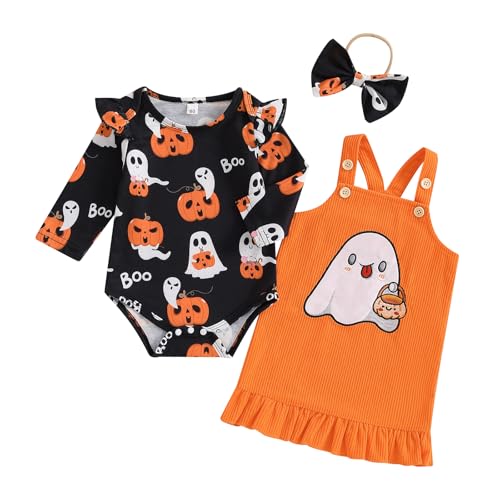 Caziffer Halloween-Kostüm für Babys, Mädchen, Halloween, 3-teiliges Set, Strampler + Rock + Stirnband für Babys, 0-24 Monate (Schwarz A, 3-6 Monate) von Caziffer