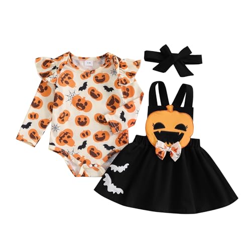 Caziffer Halloween-Kostüm für Babys, Mädchen, Halloween, 3-teiliges Set, Strampler + Rock + Stirnband für Babys, 0-24 Monate (Schwarz Orange, 3-6 Monate) von Caziffer