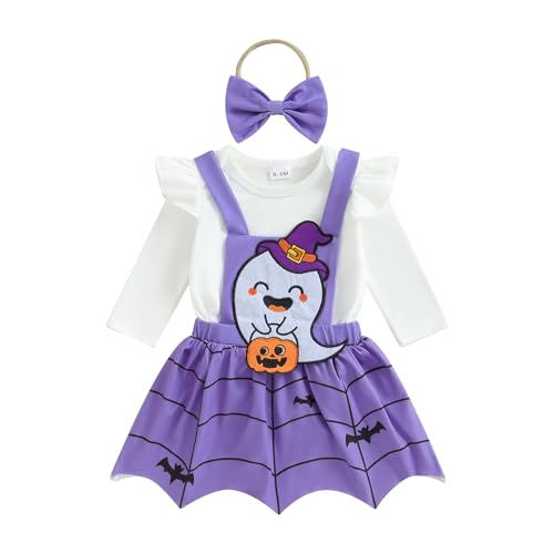 Caziffer Halloween-Kostüm für Babys, Mädchen, Halloween, 3-teiliges Set, Strampler + Rock + Stirnband für Babys, 0-24 Monate (Violett A, 12-18 Monate) von Caziffer