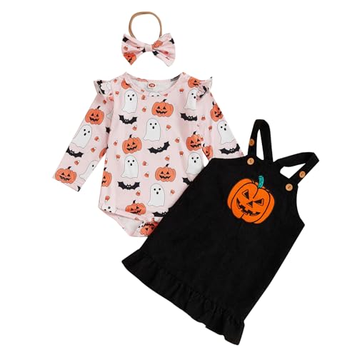 Caziffer Halloween-Kostüm für Babys, Mädchen, Halloween, 3-teiliges Set, Strampler + Rock + Stirnband für Babys, 0-24 Monate (schwarz, Kürbis, 3-6 Monate) von Caziffer