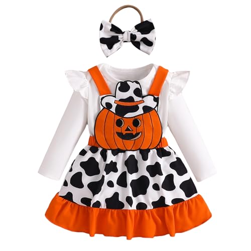 Caziffer Halloween-Kostüm für Babys, Mädchen, Halloween, 3-teiliges Set, Strampler + Rock + Stirnband für Babys, 0-24 Monate (weiß, 3-6 Monate) von Caziffer
