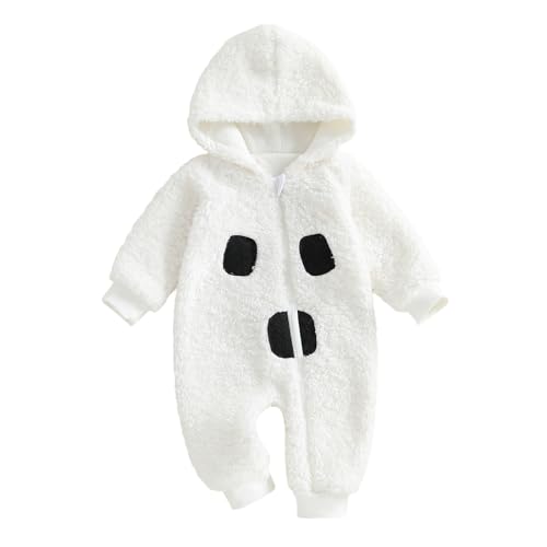 Caziffer Kostüm Baby Jungen Mädchen Geist Overall mit Kapuze Halloween Kostüm aus Plüsch Body Overall Halloween Strampler für Baby Unisex (Weiß, 0-3 Monate) von Caziffer