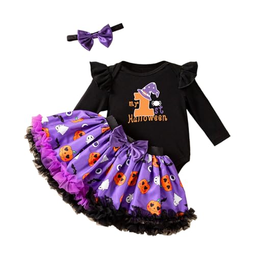 Caziffer Kostüm-Set für Babys, Mädchen, Halloween-Kostüm, Baby, 3-teilig, Strampler + Tüllrock + Stirnband, Kostüm-Set, Halloween, Kinder, Mädchen, 0-3 Jahre (Violett, 3-6 Monate) von Caziffer