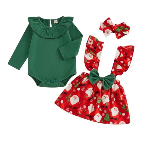 Caziffer Weihnachts-Set für Babys, Mädchen, Weihnachtskostüm, Strampler + Rock + Stirnband, Weihnachtsmann-Kostüm für Babys, Mädchen, 0-24 Monate, Grün A., 6-12 Monate von Caziffer