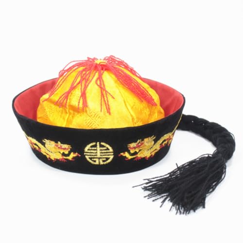 Antiker Mandarinenhut mit Zöpfen, Kaiser-Kostümhut, Hanfu-Hut, orientalischer Hut, Kostüm-Requisite, Filzhut, Party-Dekoration, Pferdeschwanz-Hut, chinesischer Stil, orientalische Kappe (gelb) von Cazqgoy