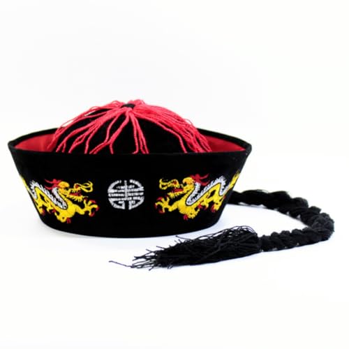 Antiker Mandarinenhut mit Zöpfen, Kaiser-Kostümhut, Hanfu-Hut, orientalischer Hut, Kostüm-Requisite, Filzhut, Party-Dekoration, Pferdeschwanz-Hut, chinesischer Stil, orientalische Kappe (schwarz) von Cazqgoy