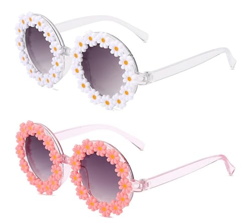 Cazqgoy 2 Pairs Flower Sunglasses,Flower Round Sunglasses,Flower Sunglasses,Party Glasses Round,Hippie Sunglasses (Pink und weiß) von Cazqgoy