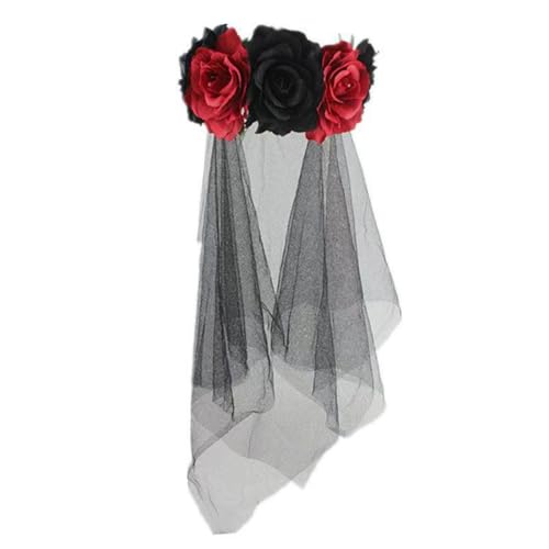 Cazqgoy Halloween Rose Headdress Flower Headband,Rose Flower Wreath Bridal Veil Halloween Headwear,Rose Headband Halloween Style (Rot) von Cazqgoy