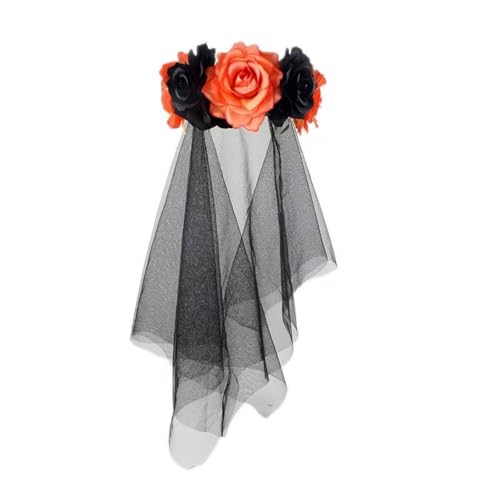 Cazqgoy Halloween Veil Headband Crown Gothic Black Rose Veil Headband (Orange) von Cazqgoy