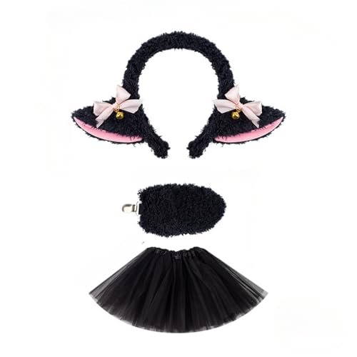 Cazqgoy Tier Lamm Kostüm Set,Schaf-Rollenspiel-Kostüm-Set, Schaf, Stirnband, Schwanz, Rock für Kindergeburtstag, Halloween, Tier, Lamm, Cosplay-Zubehör (Schwarz) von Cazqgoy