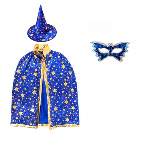 Halloween Cape, Halloween Wizard Costume,Wizard Cape Witch Cape with Hat Costume Witch Hat Fancy Dress Costume (Blau,140-180cm) von Cazqgoy