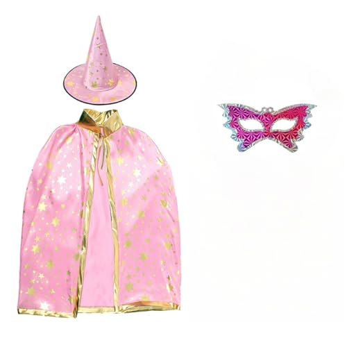 Halloween Cape, Halloween Wizard Costume,Wizard Cape Witch Cape with Hat Costume Witch Hat Fancy Dress Costume (Rosa,140-180cm) von Cazqgoy