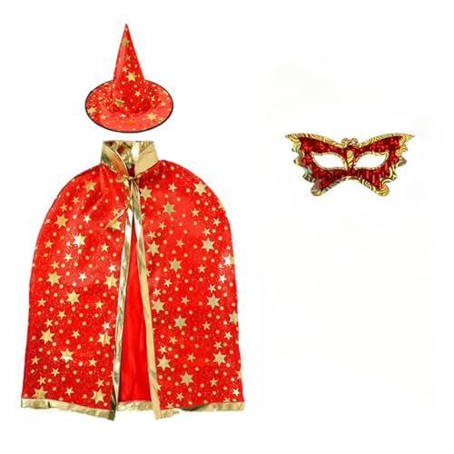 Halloween Cape, Halloween Wizard Costume,Wizard Cape Witch Cape with Hat Costume Witch Hat Fancy Dress Costume (Rot,90-140cm) von Cazqgoy