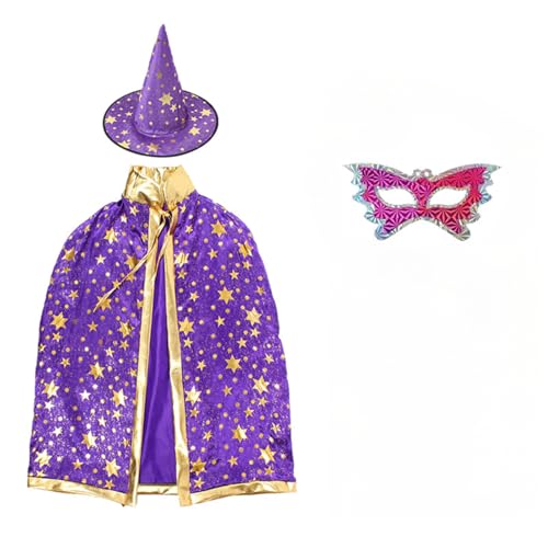 Halloween Cape, Halloween Wizard Costume,Wizard Cape Witch Cape with Hat Costume Witch Hat Fancy Dress Costume (Violett,90-140cm) von Cazqgoy