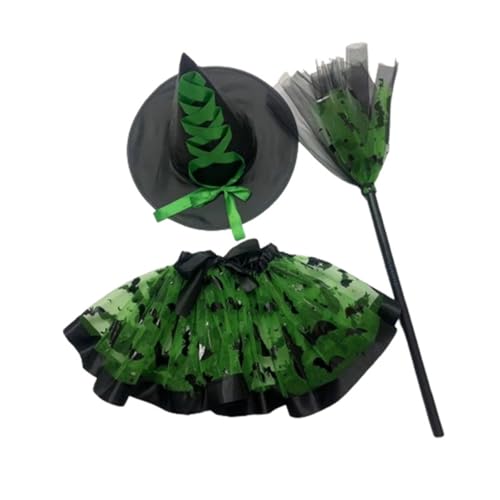 Halloween Witch Costume for Girls, Girls Halloween Tutu Skirt, Tulle Dress Costume Witch Hat and Broom Props, Carnival and Role-Playing (Grün) von Cazqgoy