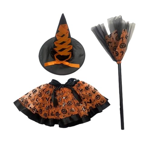 Halloween Witch Costume for Girls, Girls Halloween Tutu Skirt, Tulle Dress Costume Witch Hat and Broom Props, Carnival and Role-Playing (Orange) von Cazqgoy
