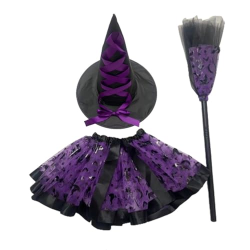 Halloween Witch Costume for Girls, Girls Halloween Tutu Skirt, Tulle Dress Costume Witch Hat and Broom Props, Carnival and Role-Playing (Violett) von Cazqgoy