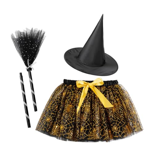 Witch Skirt with Witch Hat and Broom, Halloween Witch Hat Broom Stick Tutu Skirt Carnival Party Cosplay Costume Props (Gelb,M) von Cazqgoy