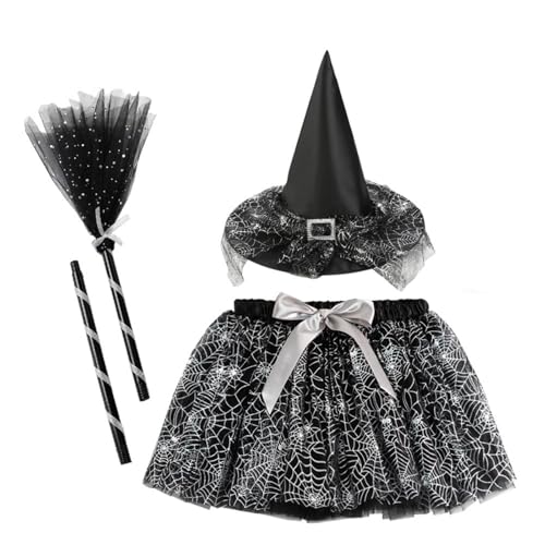 Witch Skirt with Witch Hat and Broom, Halloween Witch Hat Broom Stick Tutu Skirt Carnival Party Cosplay Costume Props (Silber,S) von Cazqgoy