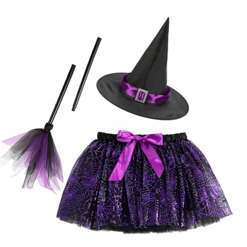 Witch Skirt with Witch Hat and Broom, Halloween Witch Hat Broom Stick Tutu Skirt Carnival Party Cosplay Costume Props (Violett,M) von Cazqgoy