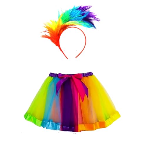 Women's Rainbow Tulle Skirt with Straps, Colourful Feather Headband Carnival Costume Tulle Rainbow Costume for Carnival Parties Stage Performance (Color) von Cazqgoy