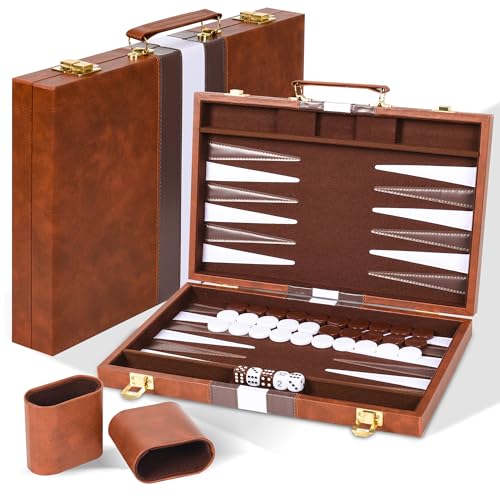 Cbilzxer 15 Zoll Backgammon Koffer, Backgammon-Set aus Kunstleder mit Filzauskleidung, Faltbares Reise-Spiel für Erwachsene & Familie, Komplett-Set inkl. Steine, Würfel & Becher (15 Zoll) von Cbilzxer