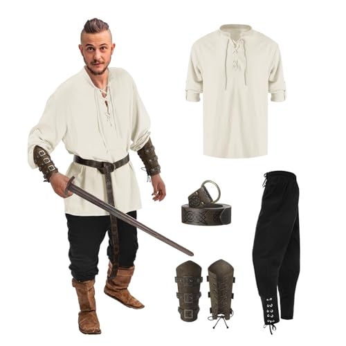 Ccipotatoo 5 Stück Renaissance Kostüm Herren Set Wikinger Kostüm mit Piratenhemd Herren Hose Gürtel Handgelenkschlaufe Mittelalter Kleidung Männer Halloween Karneval Cosplay Kostüme (Khaki, XL) von Ccipotatoo