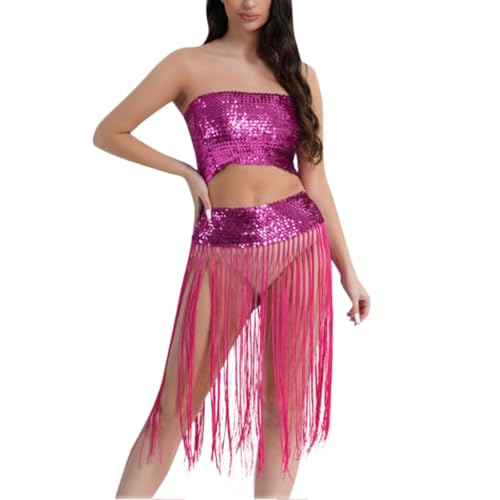 Ccipotatoo Pailletten Bauchtanz Kostüm Pailletten Verkleidung Outfits Pailletten Indische Tanzkleidung Fransen Kleid Damen Karneval Kostüme Schulterfreies Oberteil und Fransenrock Zweiteiler (Hot von Ccipotatoo