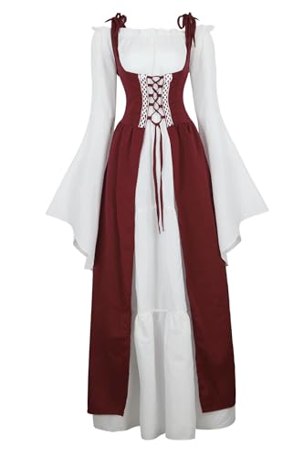 Ccipotatoo Renaissance-Kostüm für Damen, mittelalterliches Kleid, irisch, viktorianisch, Vintage, Halloween, Übergröße (Weinrot, M) von Ccipotatoo