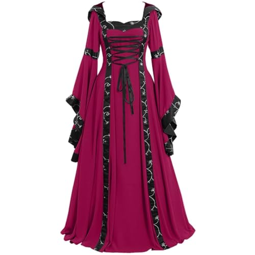 Ccipotatoo Viktorianischen Renaissance Kleider mit Kapuze Barock Kleid Mittelalter Kostüm Prinzessin Kleider Karneval Faschingskostüm Hexe Cosplay Maxi mit Glockenärmeln (Hot Pink, S) von Ccipotatoo