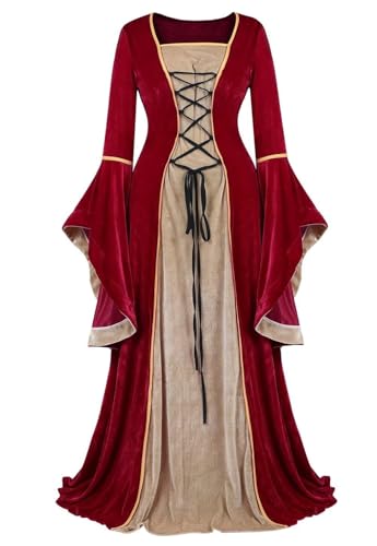 Renaissance Kostüm Damen Mittelalter Samtkleid Irische Vintage Viktorianische Hexe Party Kostüm Halloween Weinrot XXL von Ccipotatoo