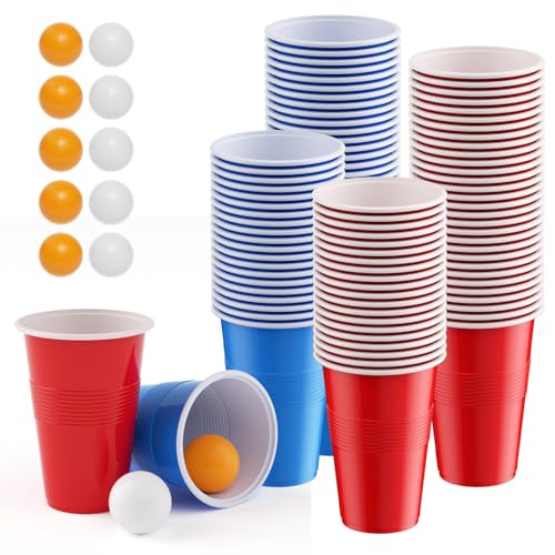 Cecaylie Bierpong Set, Beerpong Partybecher Enthält 100 Becher (500ml) und 12 Bälle, Mehrwegbecher, Robust und Wiederverwendbar, Ideal für Geburtstag, Hochzeit, Party Trinkspiele, Festival, Camping von Cecaylie