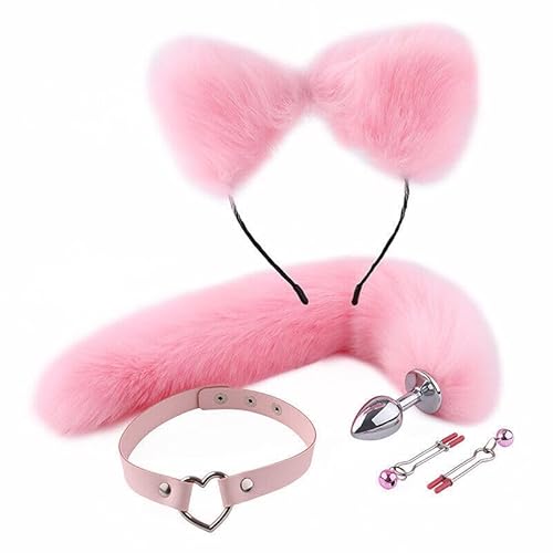 Ceciley Wolf Fox Pelzschwanz Stecker und Ohren Stirnband Tierkostüm Verkleidung Halloween Verstellbarer Kunstfellschwanz und Ohren (Pink 01) von Ceciley